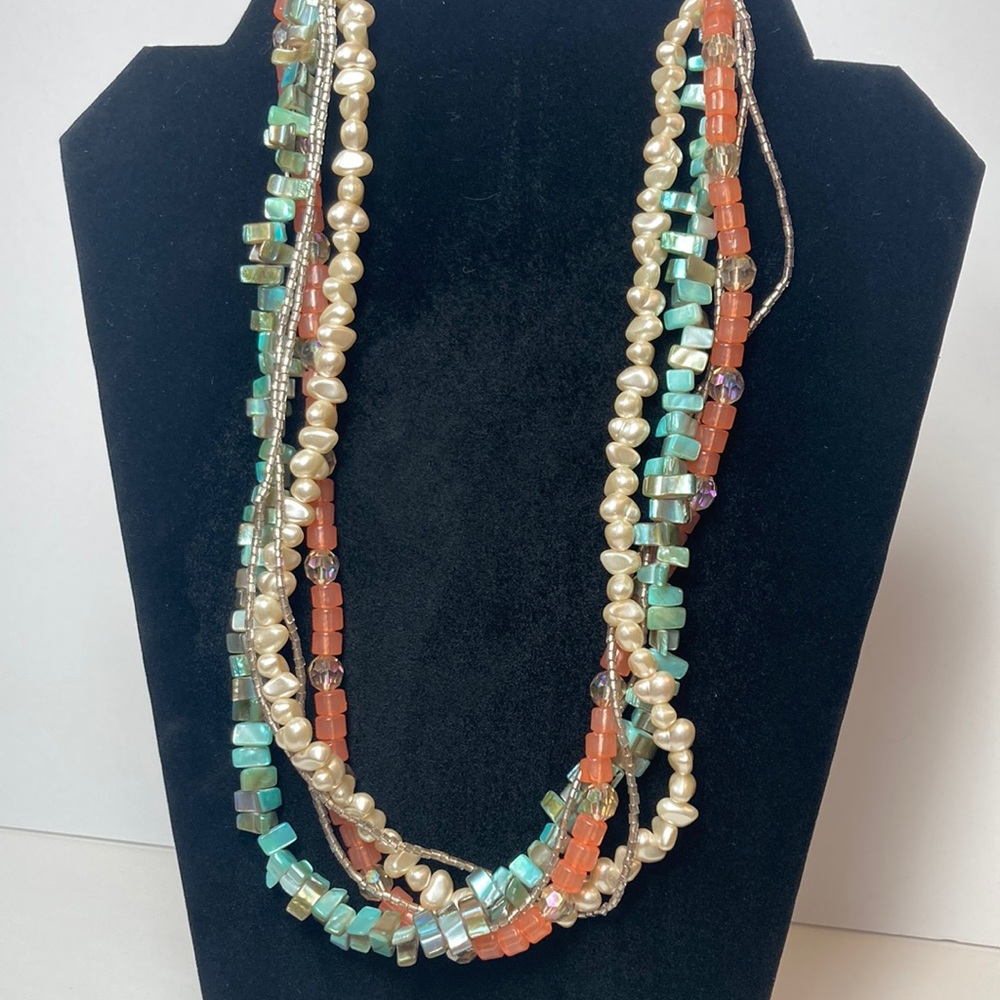 Multi Strand Blue Green Chunk Peach Imitation Pearl Necklace 23"